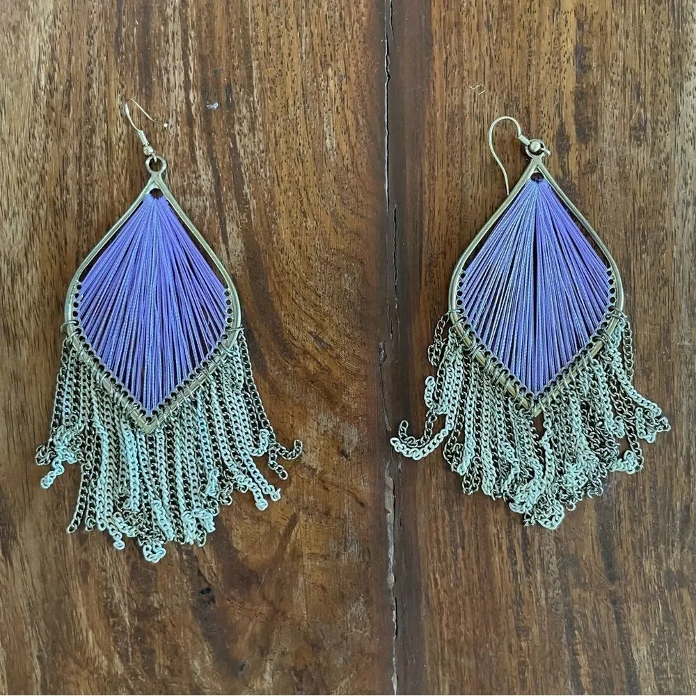 Elegant Purple and Gold Fringe Drop Earrings Costume Jewelry